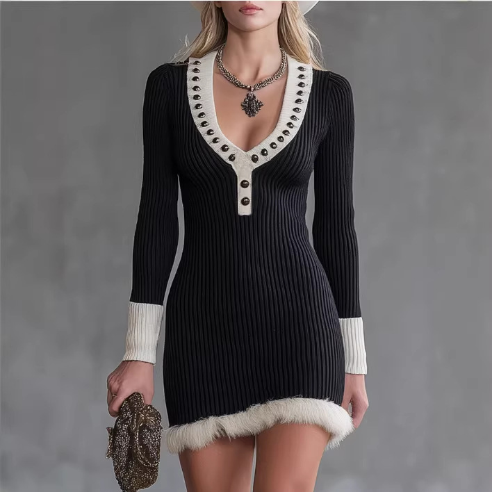 Black Knit Mini Dress with White U-Neck, Studs & Frayed Trim