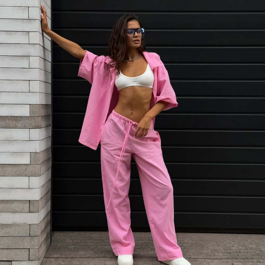 Women's Casual Two-Piece Set Solid Short-Sleeve Shirt & Elastic Waist Pants