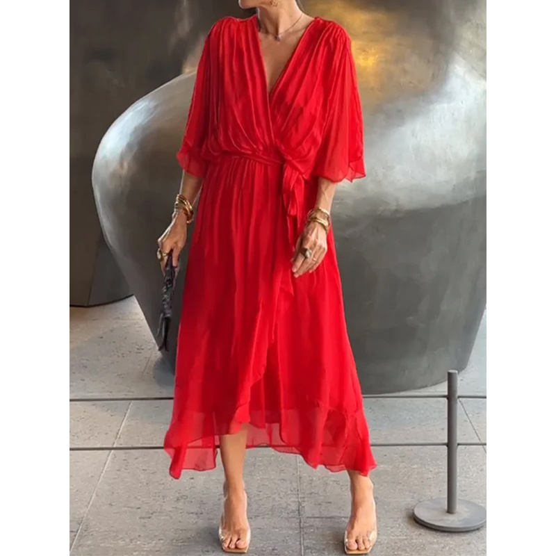 Women's Solid Color Tie-Waist Batwing Sleeve Irregular Long Dress Plus Size