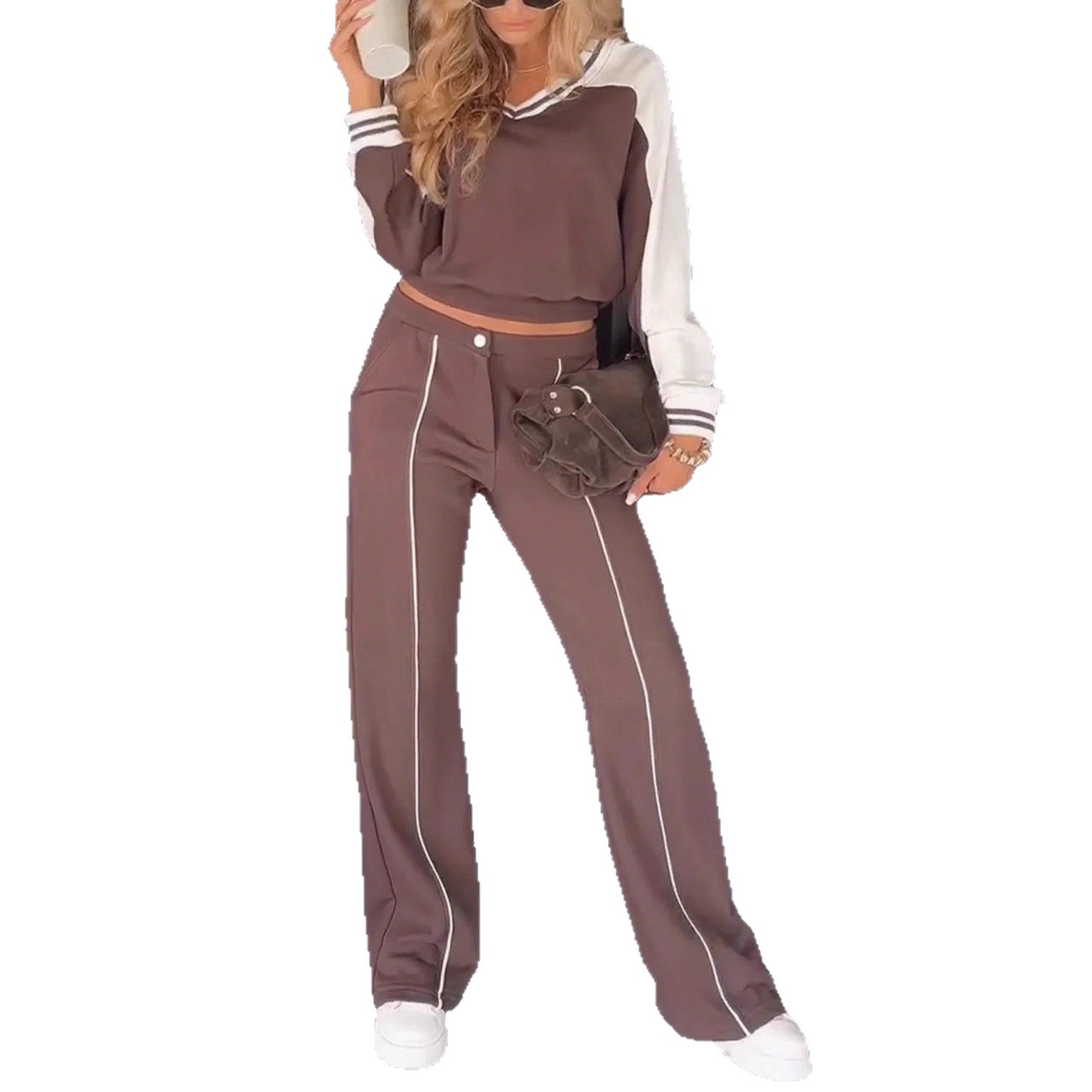 V-Neck Colorblock Striped Long Sleeve Top & Pants Set