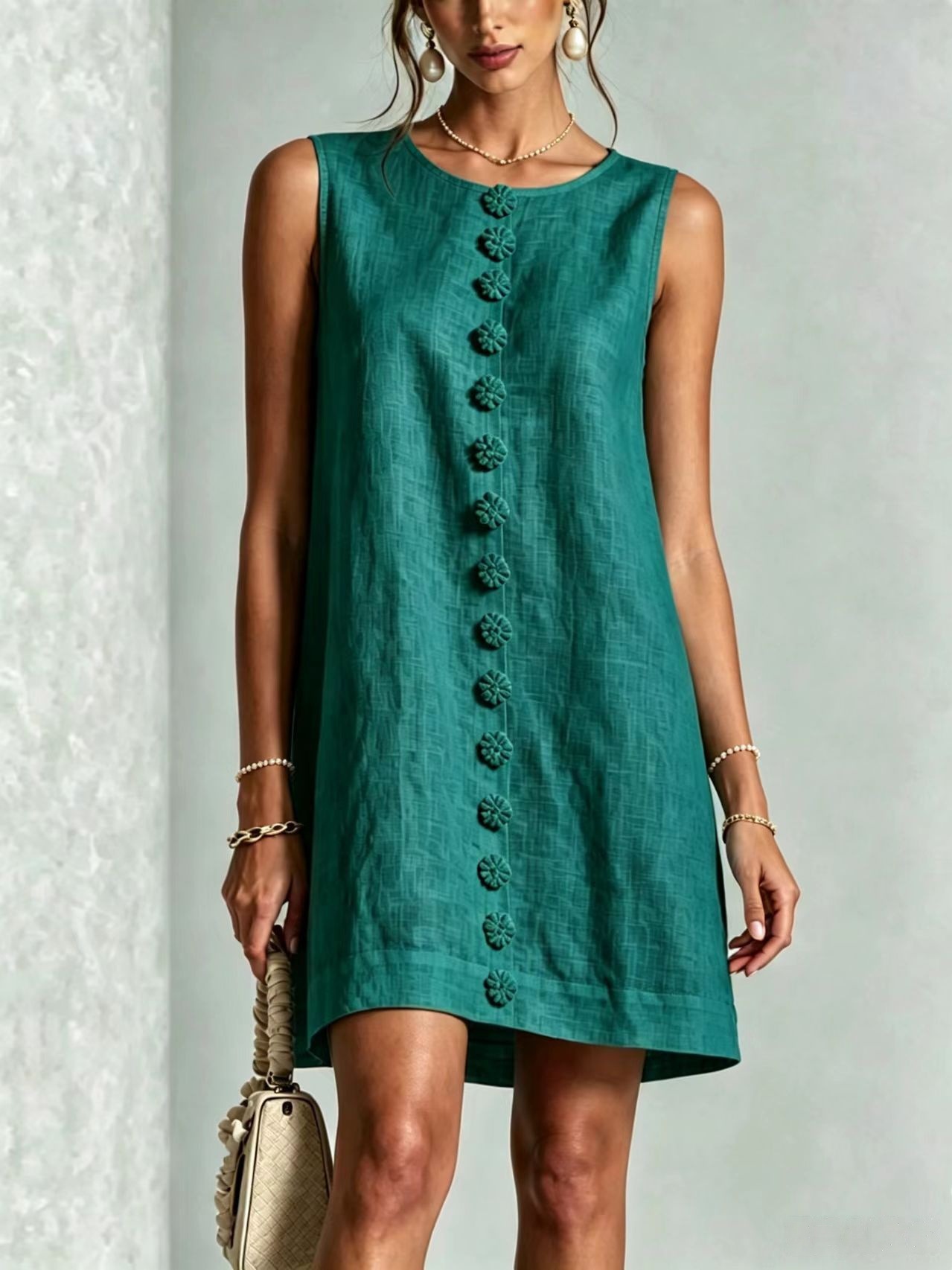 Sleeveless Round Neck Shell Button Front Slit Fitted Dress