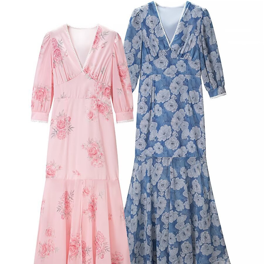Floral V-Neck A-Line Midi Dress with Puff Sleeves