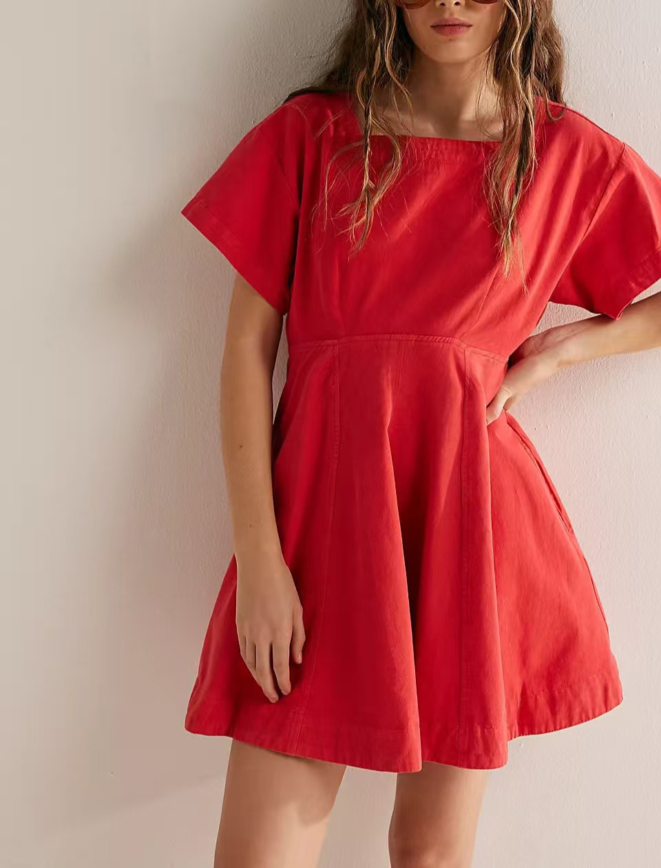 Square Neck Short Sleeve Button A-Line Mini Dress