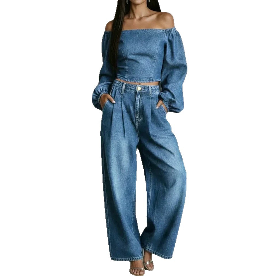Faux Denim Two-Piece Set Long Sleeve Top & Pants Casual Loose Fit