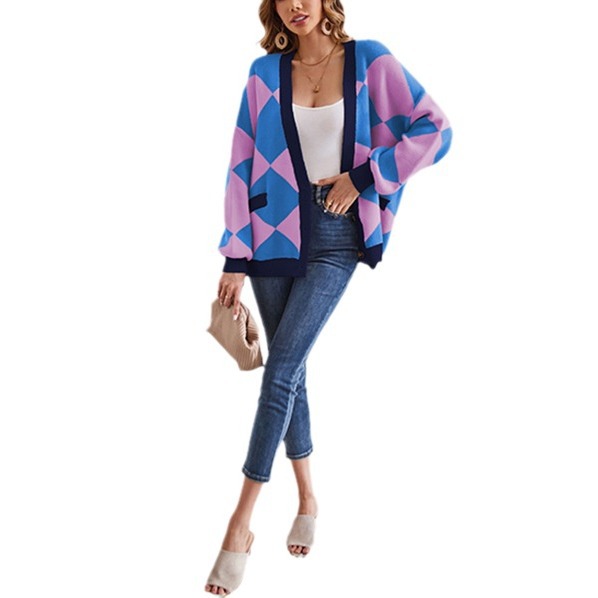 V-Neck Argyle Color-Block Loose Knit Cardigan