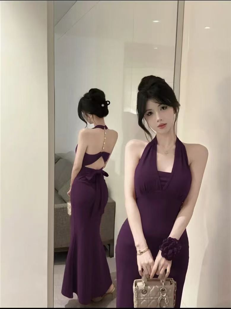Chain Halter Tie-Back Bodycon Dress with Open Back