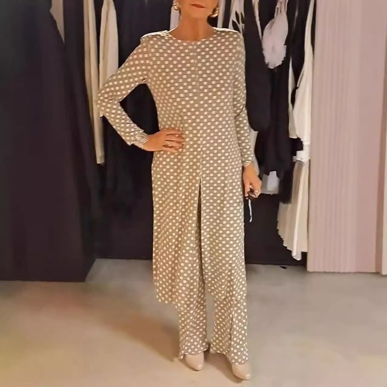 Polka Dot Round Neck Slim Fit Slit Long Top & Pants Set