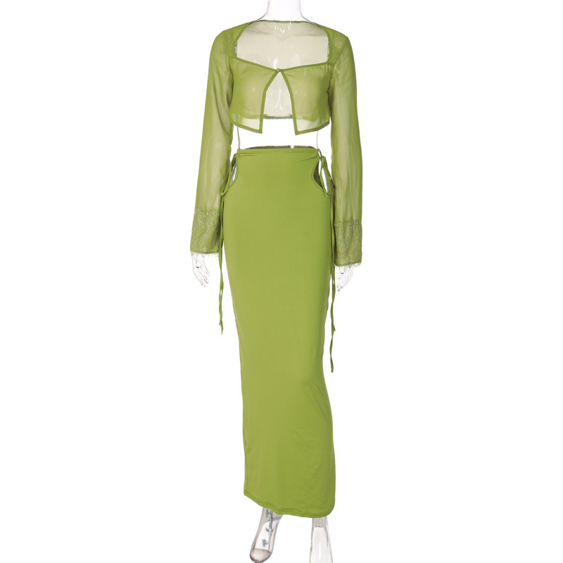Women's Long Sleeve Openwork Lace-Up Top and Long Skirt Set