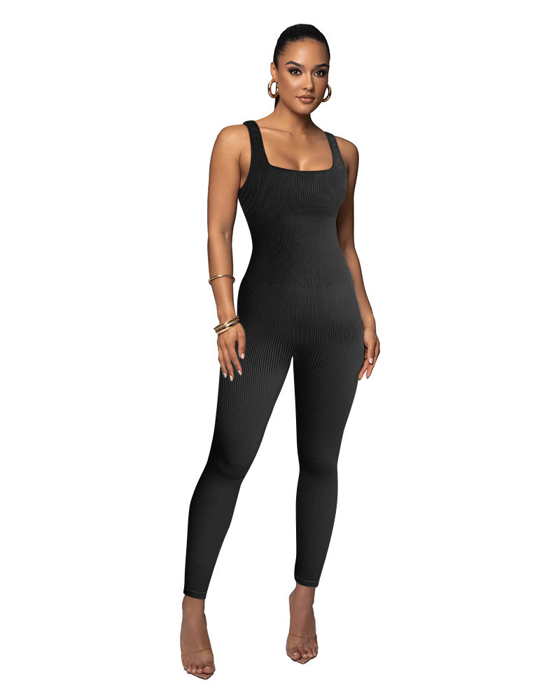 Sexy Sleeveless Square Neck Ribbed Yoga Bodysuit Tummy Control Butt Lifting