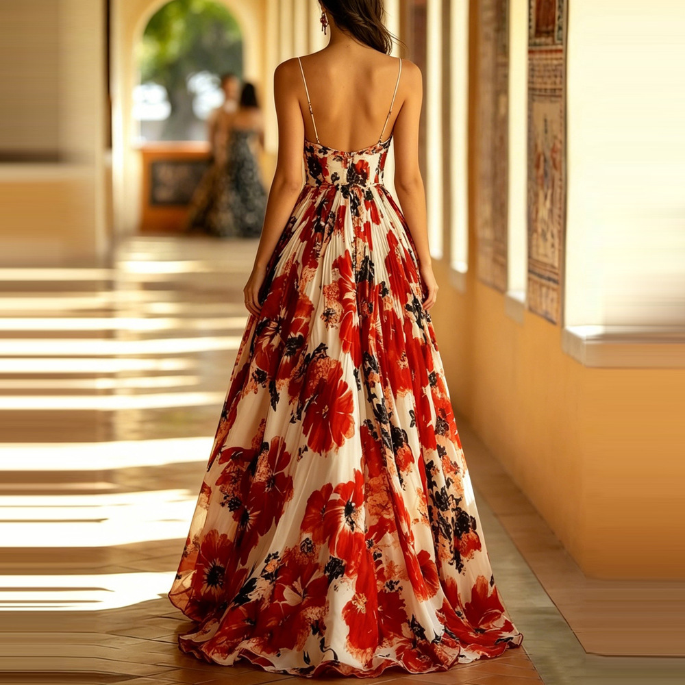 Women's Sleeveless Floral Print V-Neck Maxi Dress