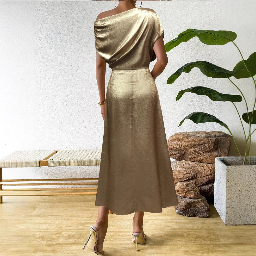 Solid Satin One-Shoulder A-Line Midi Dress