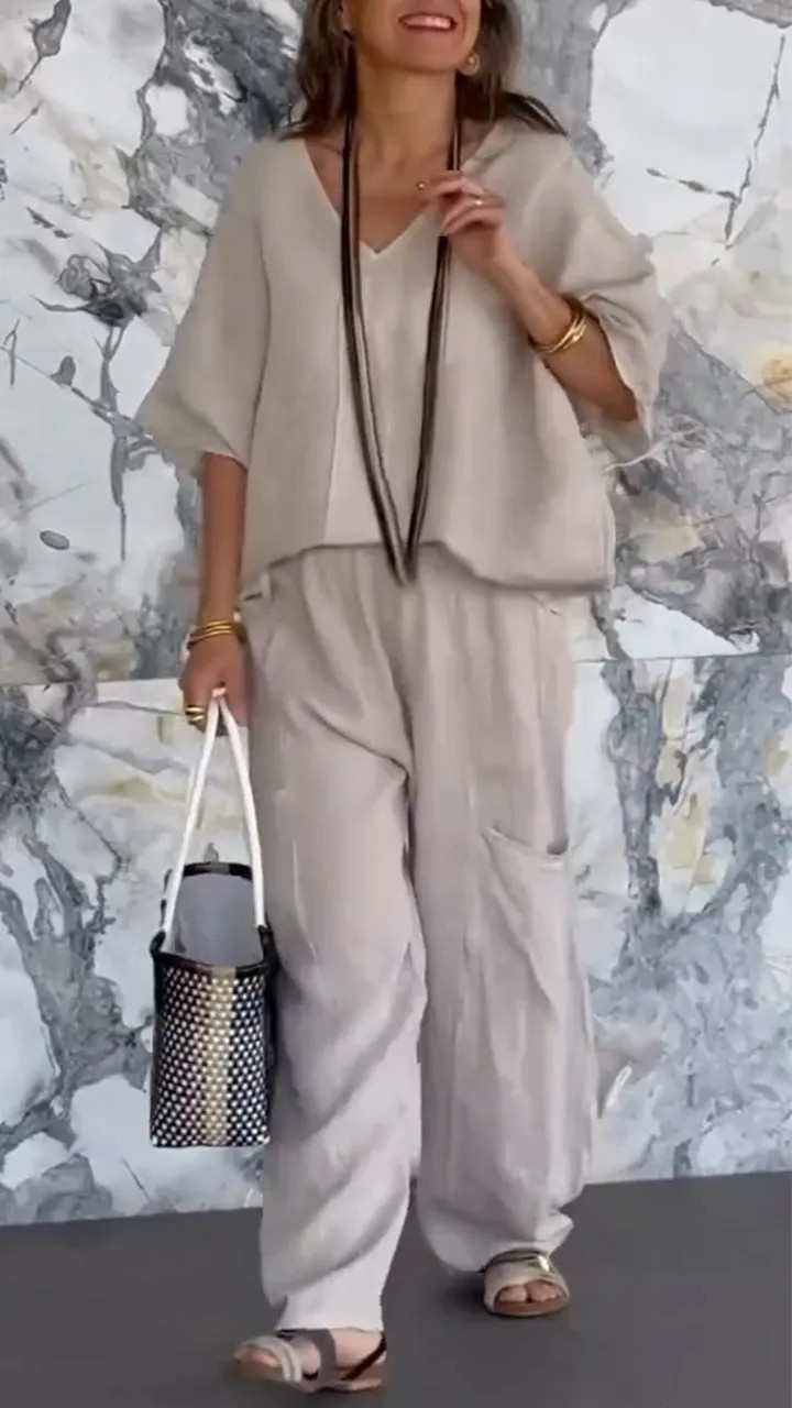 Women's V-Neck Loose Cotton-Linen Pocket Midi Sleeve Pant Set