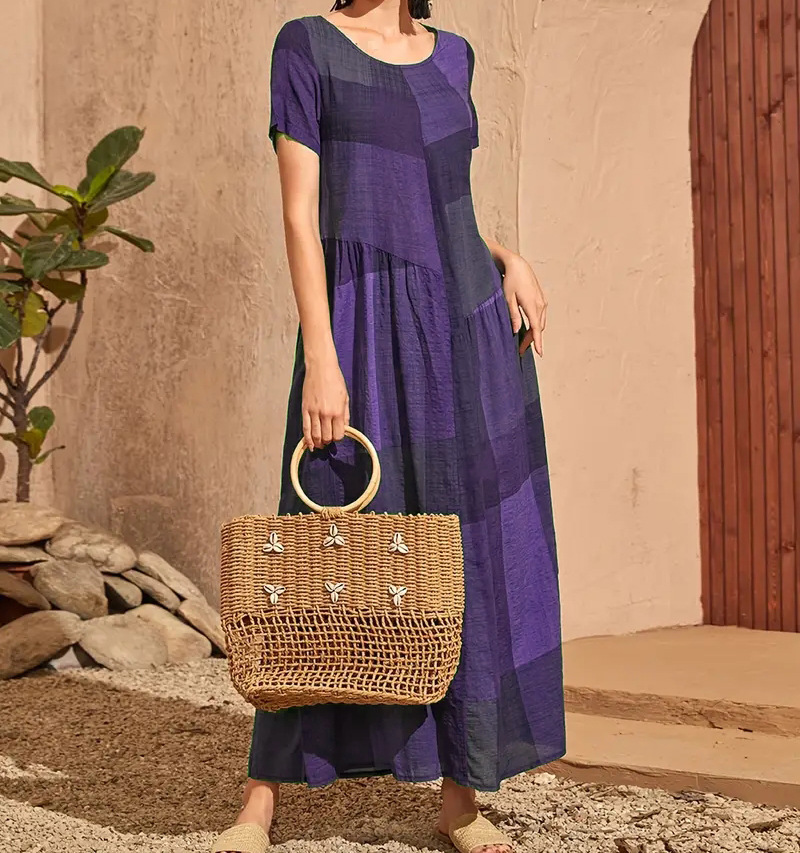 Retro Plaid Print Patchwork Loose Waist Long Dress