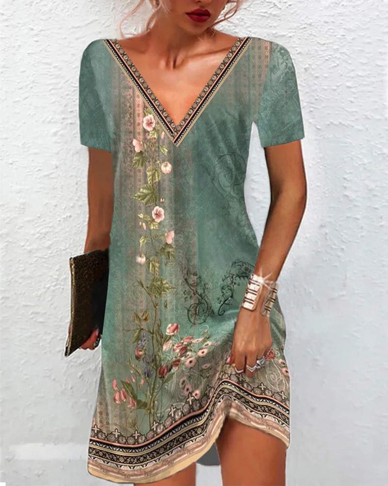 Ethnic Floral Print V-Neck Short Sleeve A-Line Midi Dress