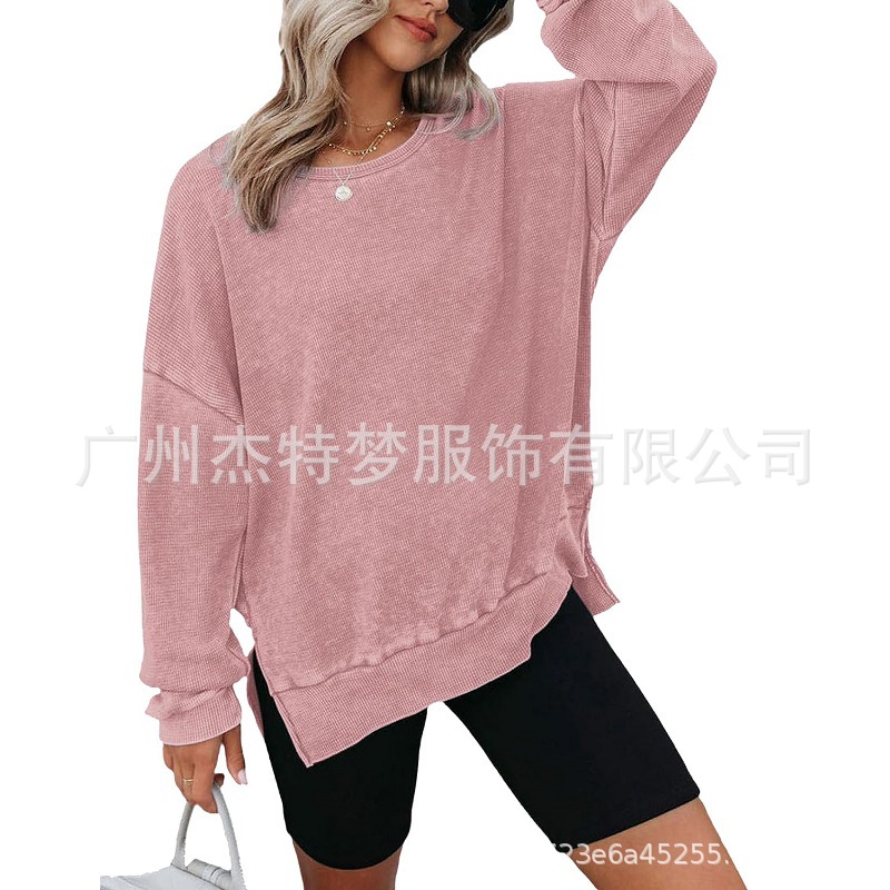 Women's Waffle Knit Crewneck Long Sleeve Side Slit Pullover Top