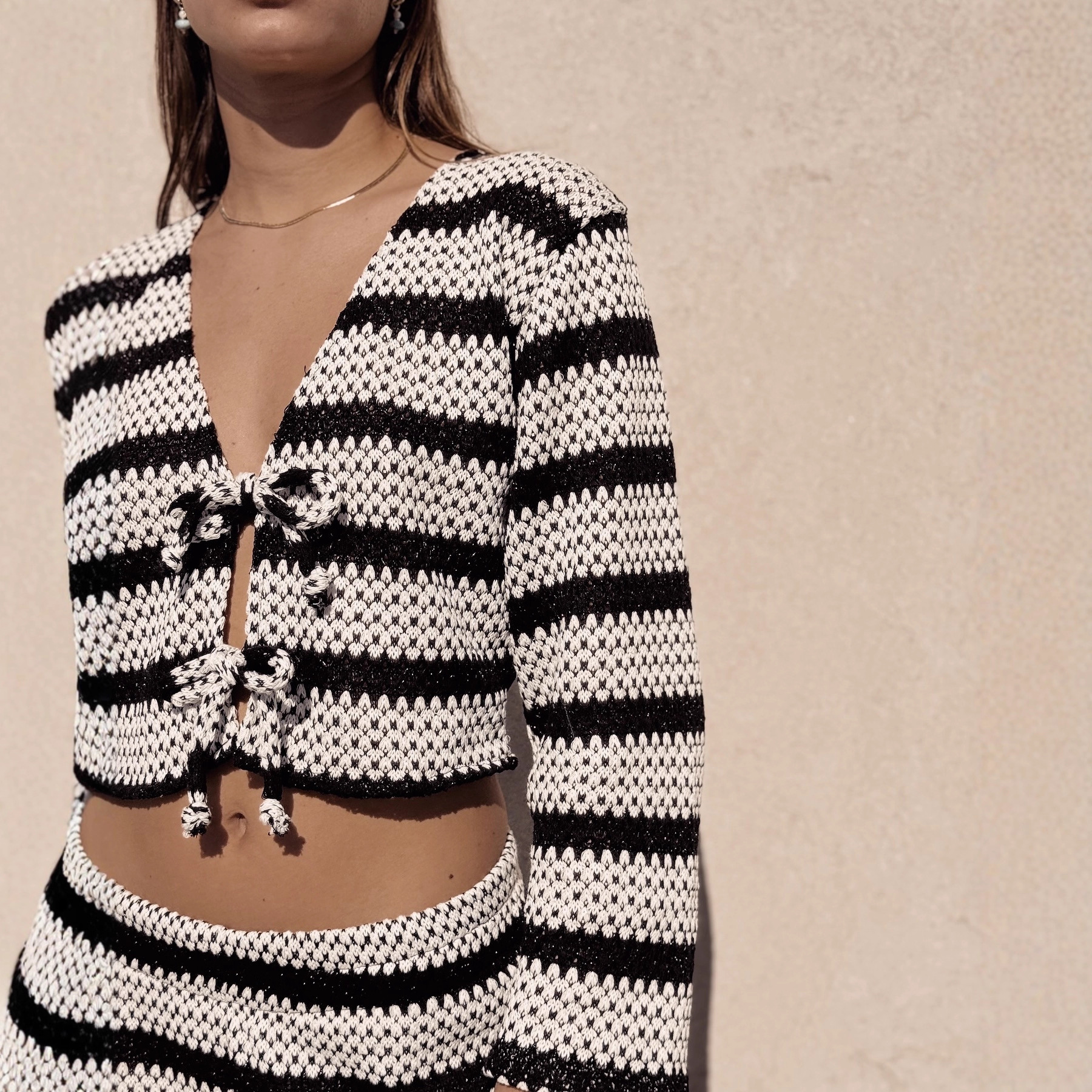 Women's Striped Color-Block Knit Long-Sleeve Tie Cardigan Set