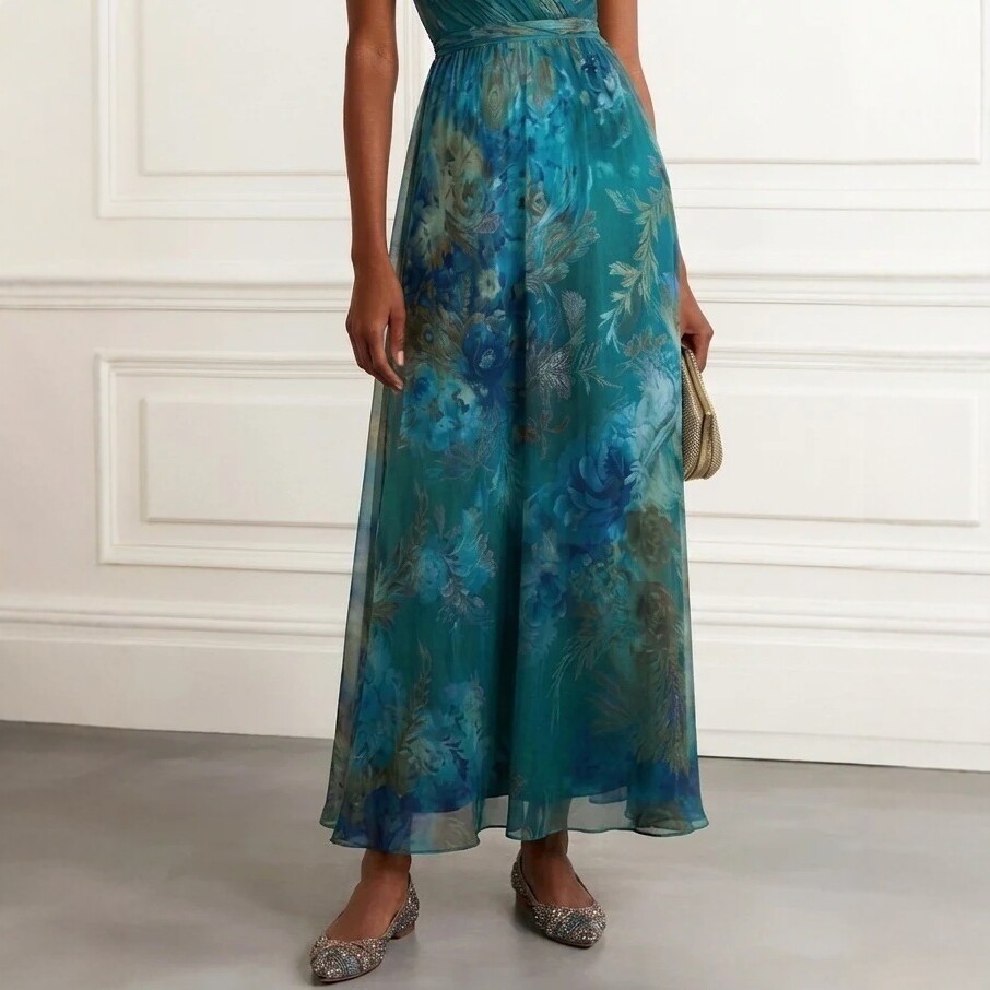V-Neck Mesh Print Cinched Waist Sleeveless Long Dress