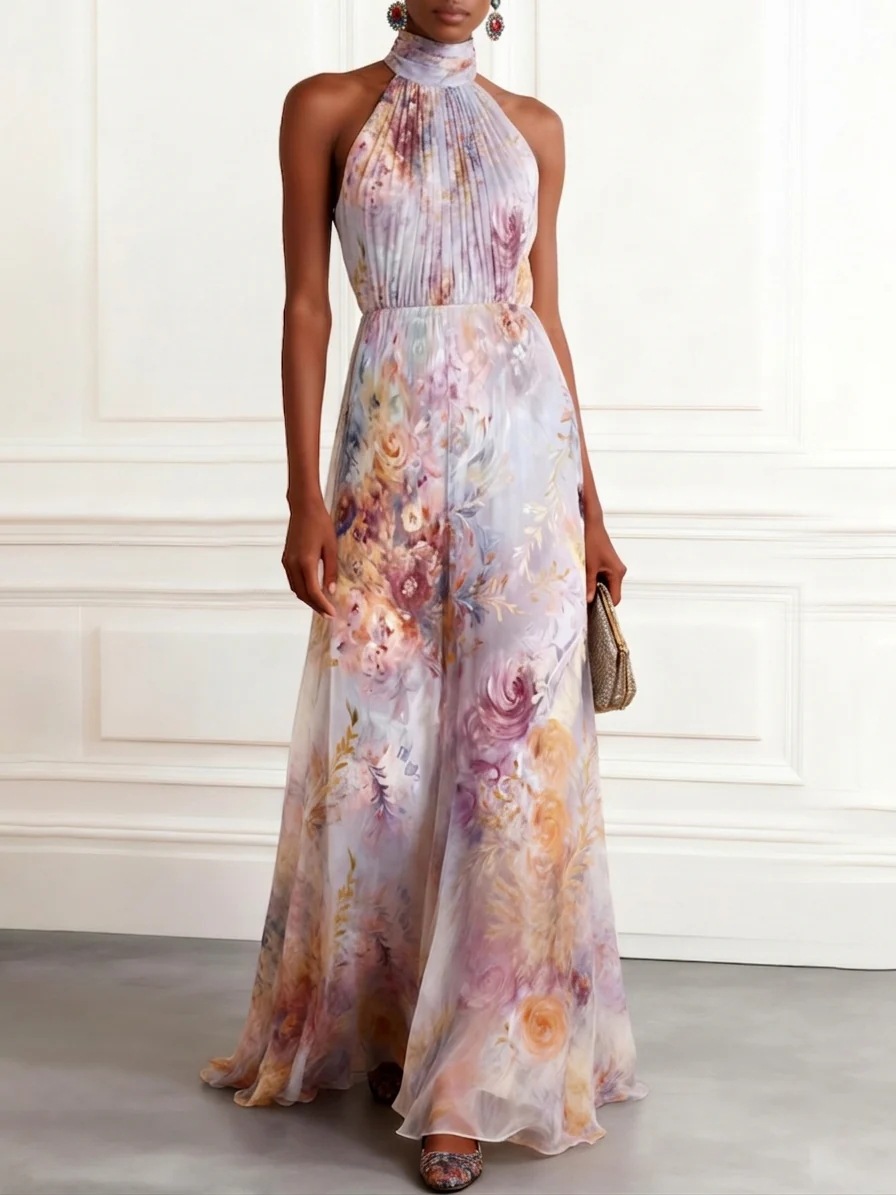 Halter Print Sleeveless Maxi Dress – Flowy Chiffon Evening Gown