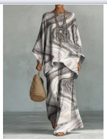 Printed Round Neck Top and Wide-Leg Pants Casual Two-Piece Set