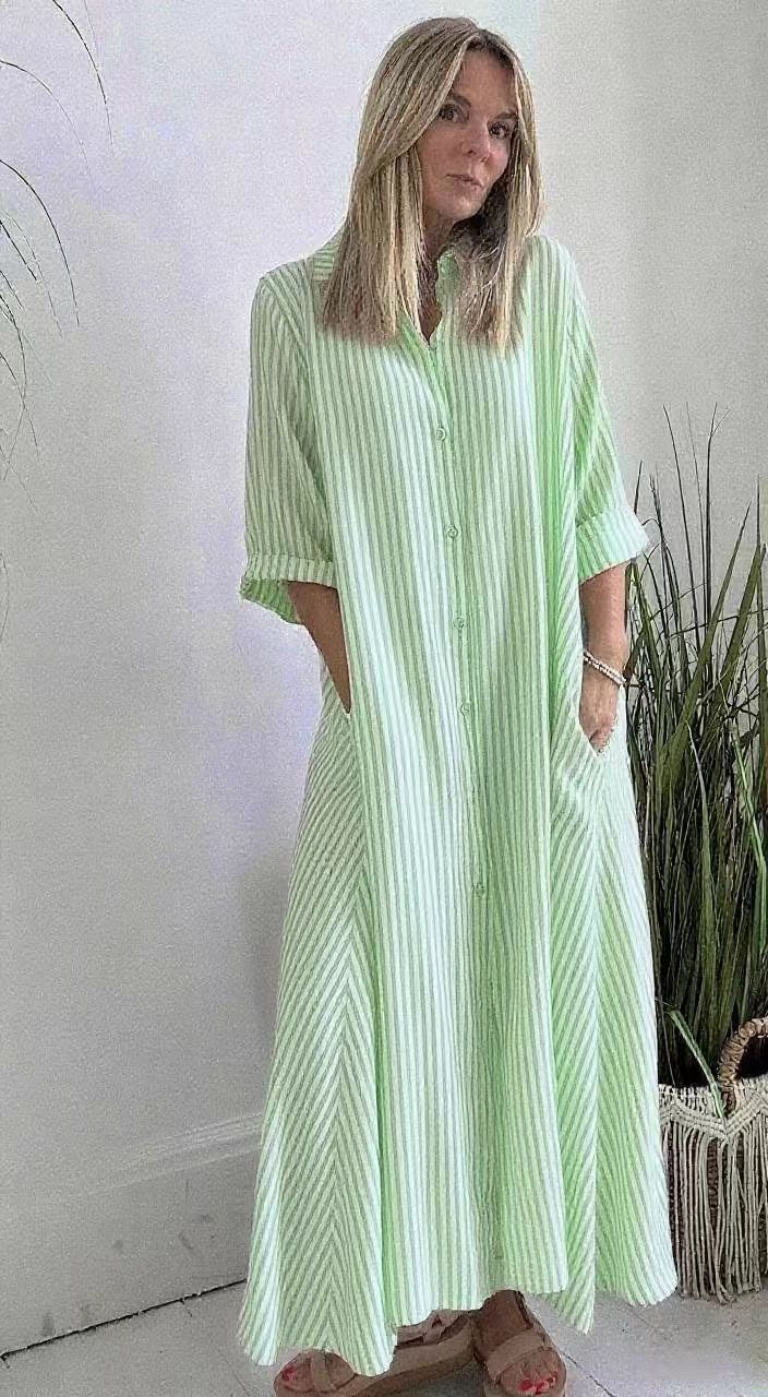 Striped Collared Midi Dress with Three-Quarter Sleeves and Button Front