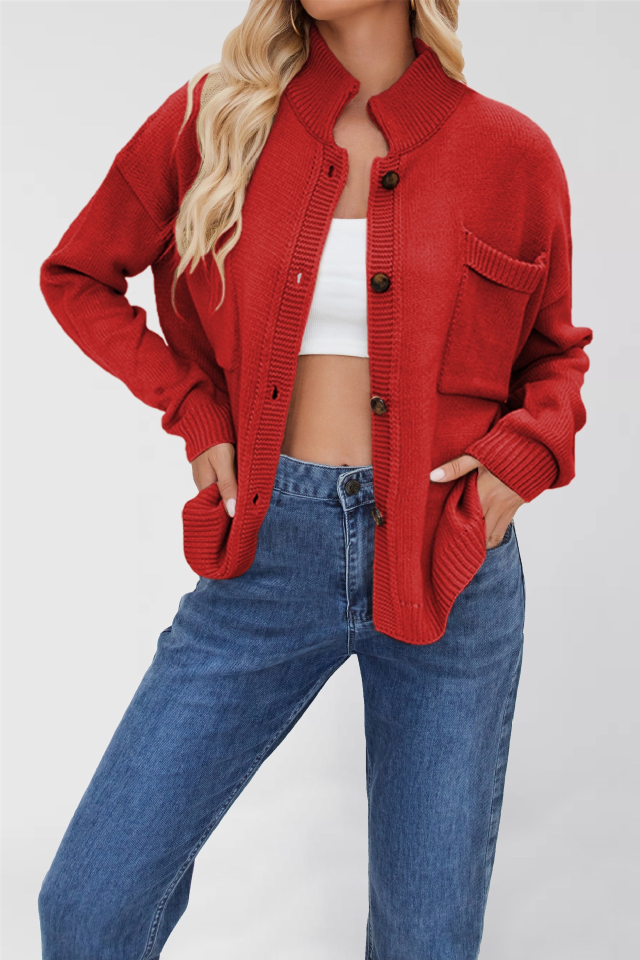 Women's Knit Stand Collar Cardigan Sweater Plus Size Solid Color
