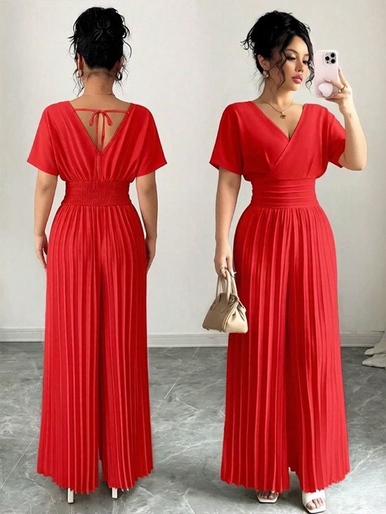 Elegant Solid V-Neck Pleated Waist-Defining Wide-Leg Jumpsuit