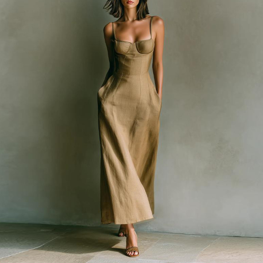 Women's French Waist-Cinched Sleeveless Midi Dress Solid Color