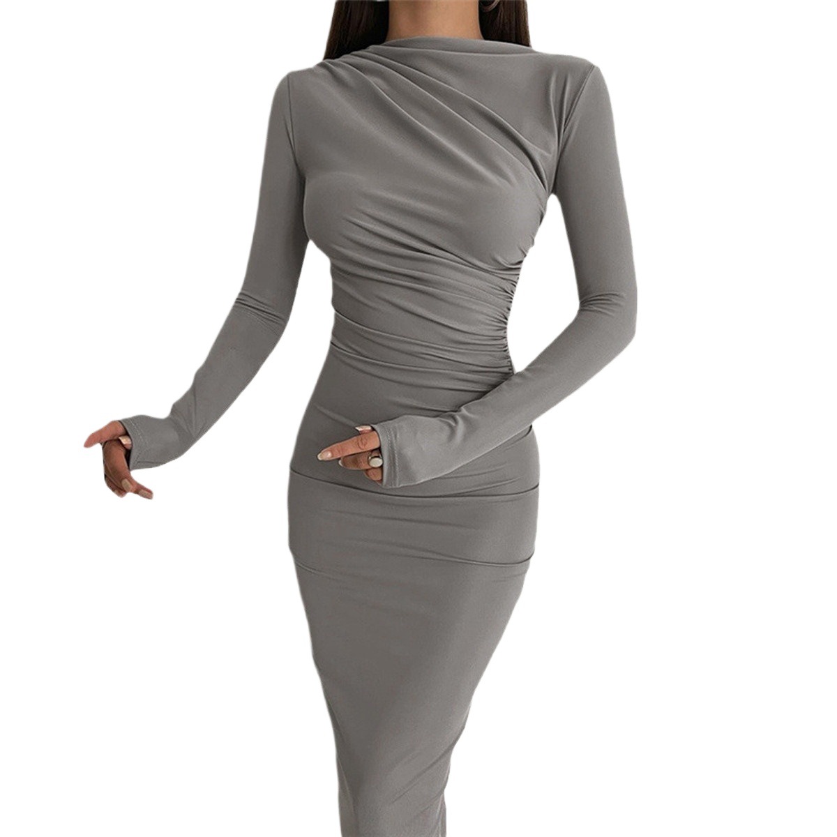 Women's Solid Color Long Sleeve High Waist Bodycon Dress