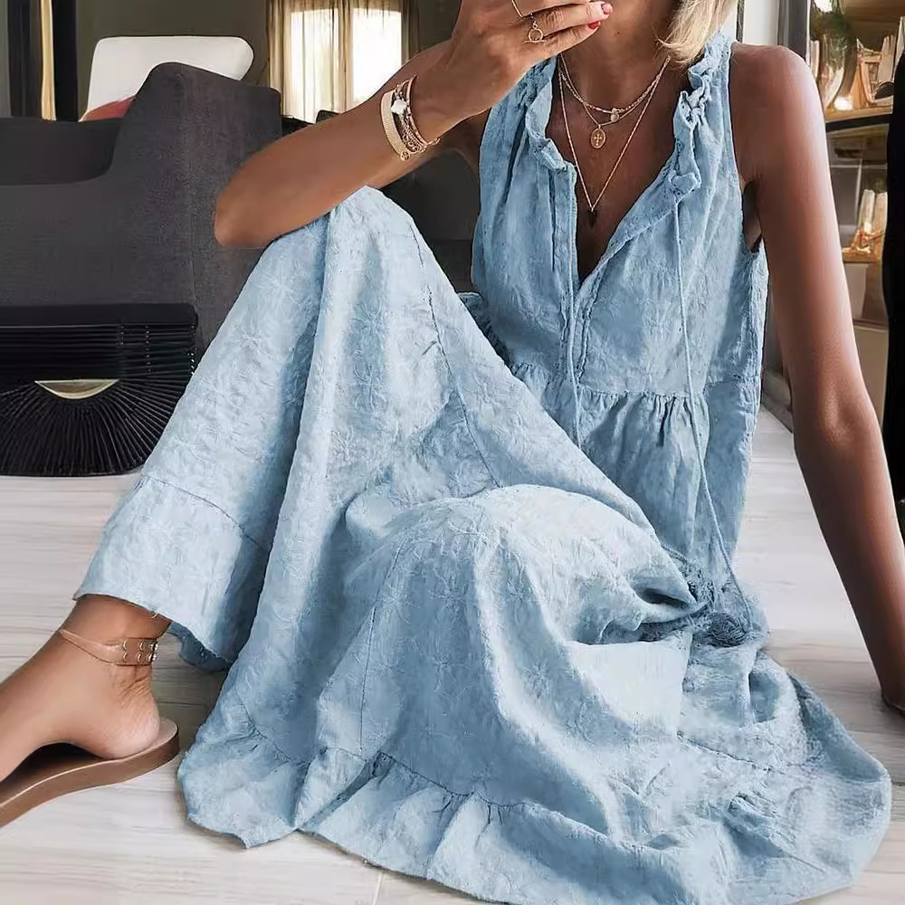 Sleeveless Cotton-Linen Umbrella Dress with Wavy Neckline