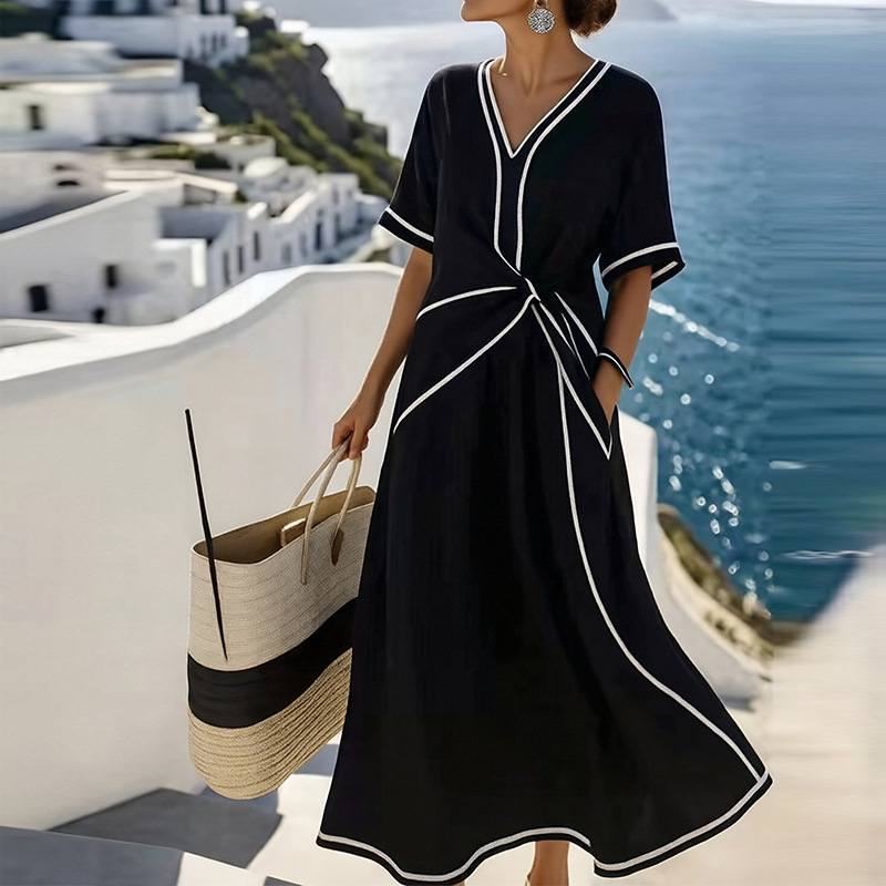 Women's V-Neck Tie Striped Dress Casual Comfortable Long