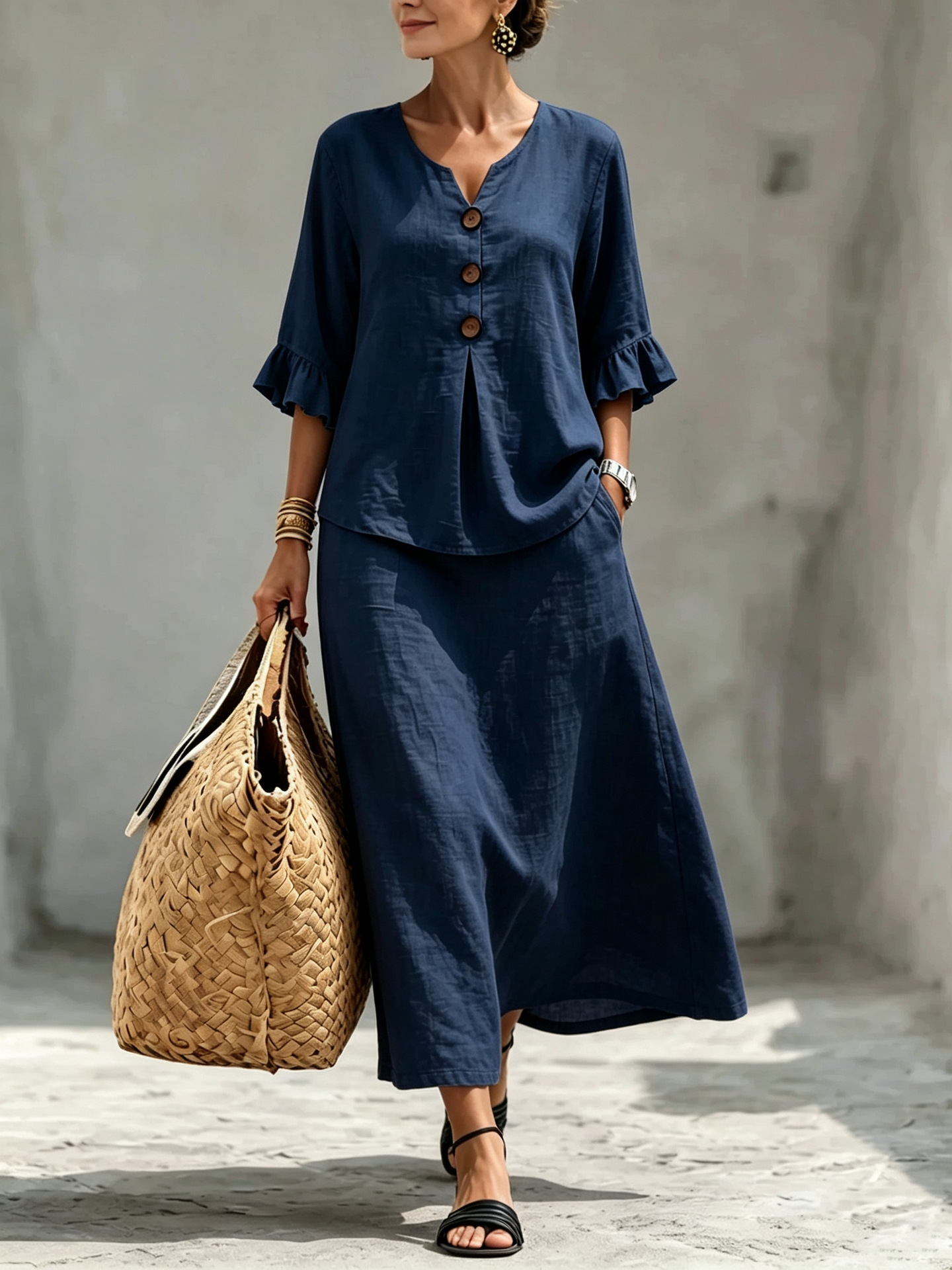Women's Solid Button V-Neck Ruffle Three-Quarter Sleeve Top and Skirt Set