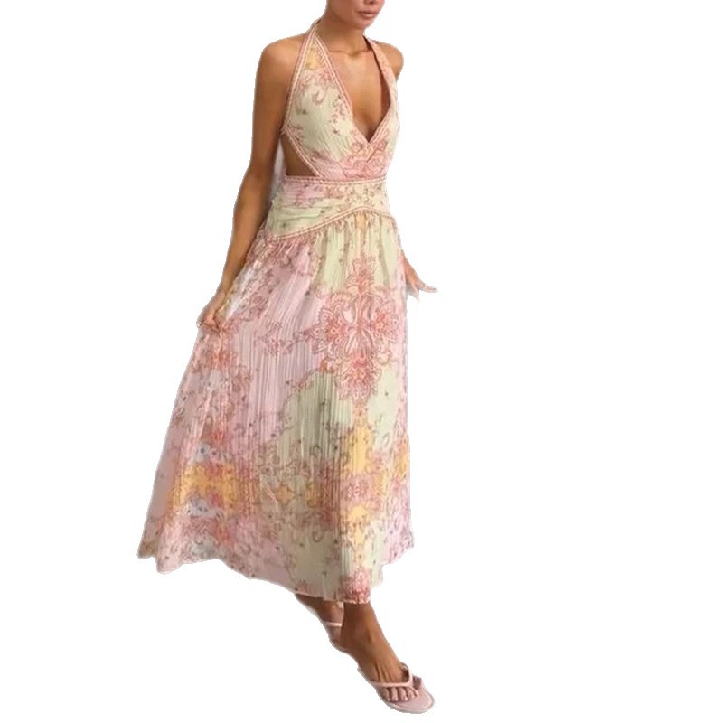 Women's Summer Halter Neck Printed A-Line Maxi Dress