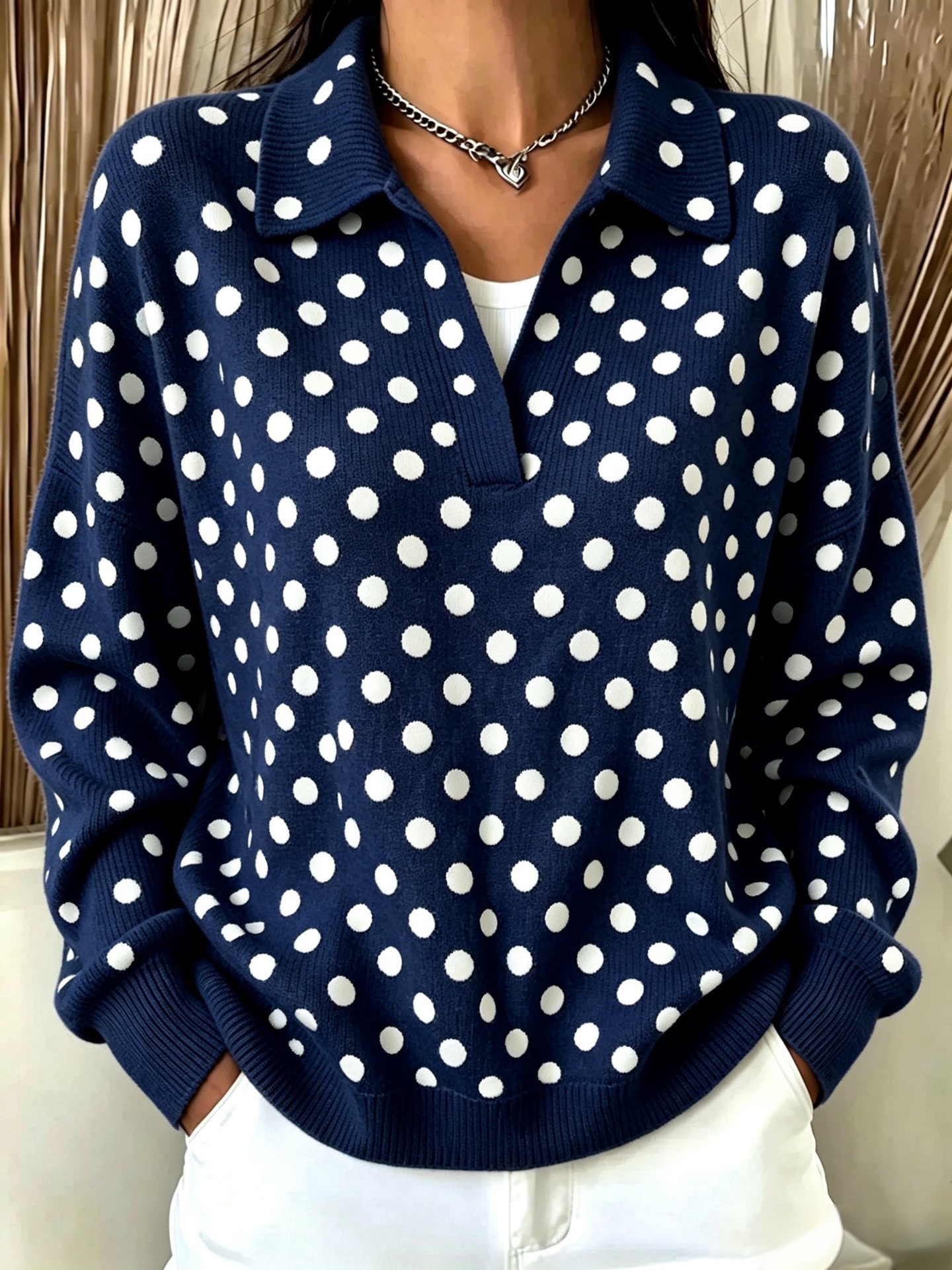 Women's Retro Polka Dot Print Button-Up Collared Sweatshirt