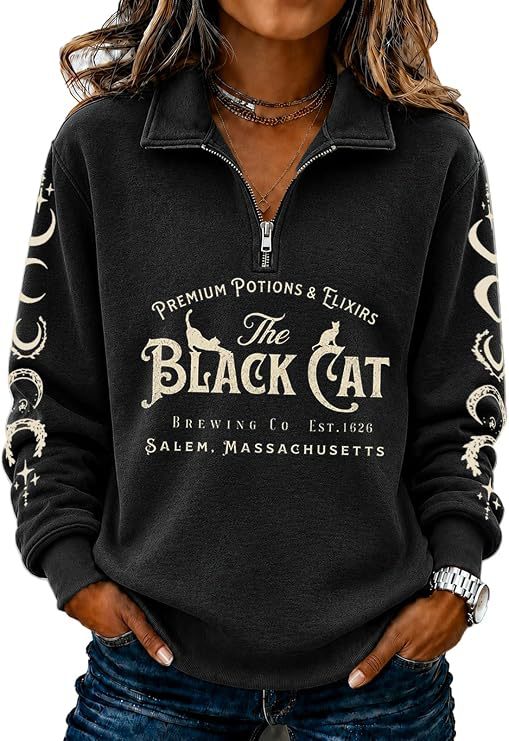 Women's Half-Zip Halloween Witch Skull Print Hoodie