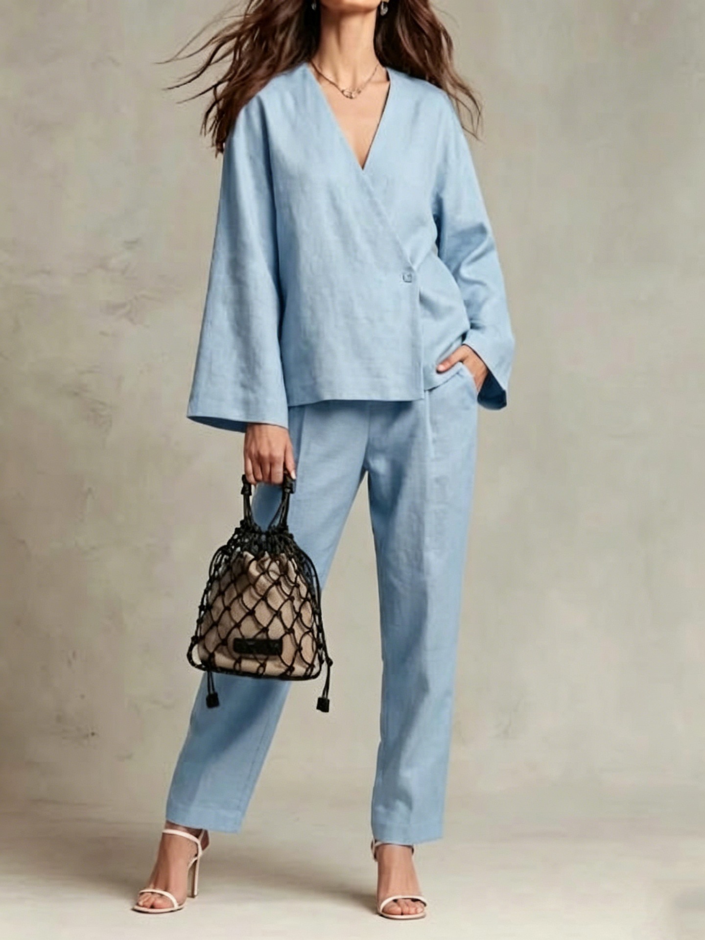Women's Linen-Blend Button-Front Cardigan and Wide-Leg Pants Set