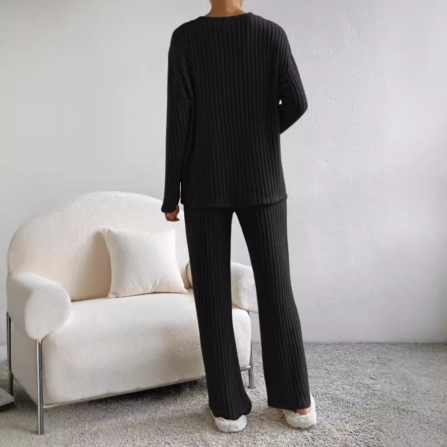 Women's Ribbed V-Neck Top and Straight-Leg Pants Two-Piece Set