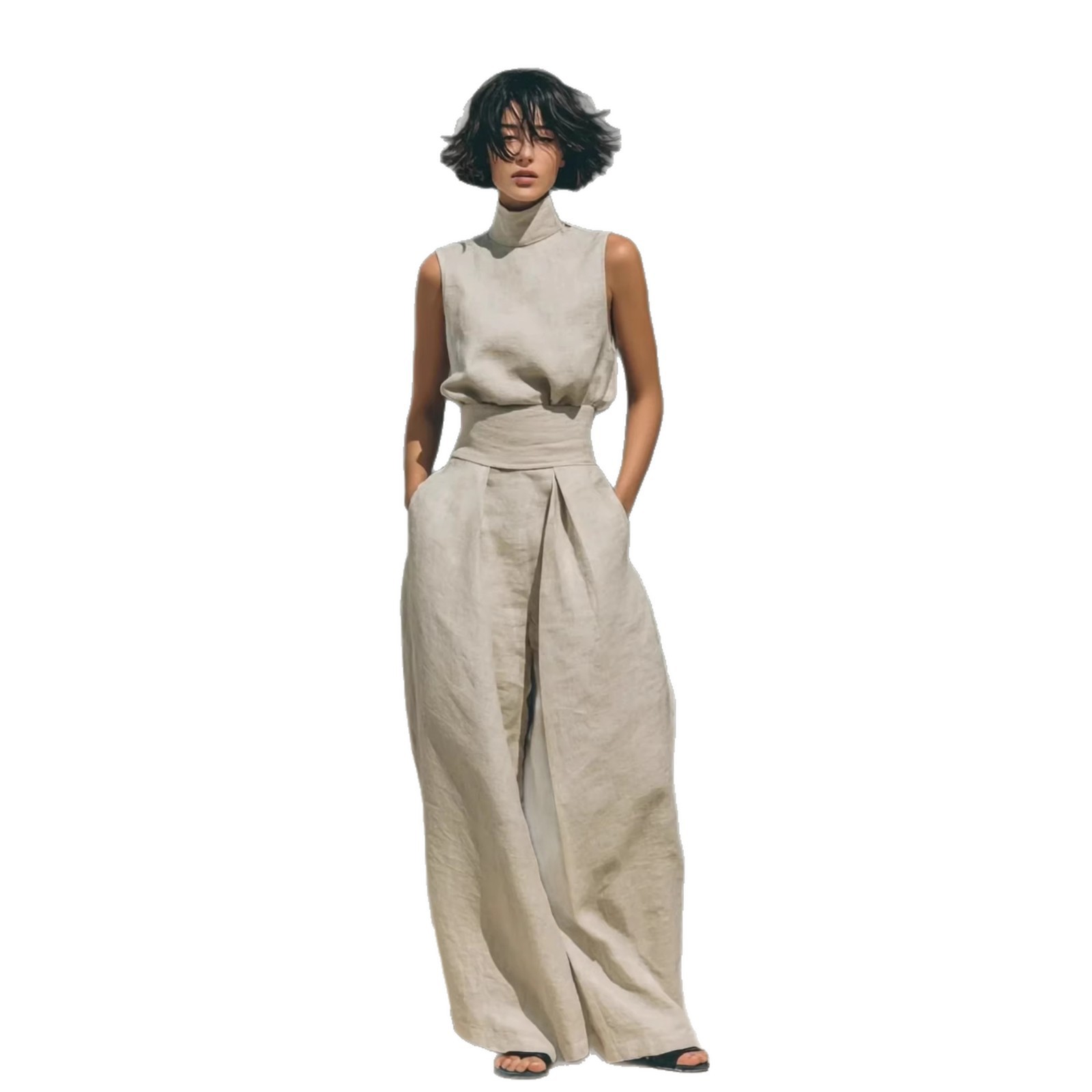 Cotton-Linen Sleeveless Top and Pants Casual Set
