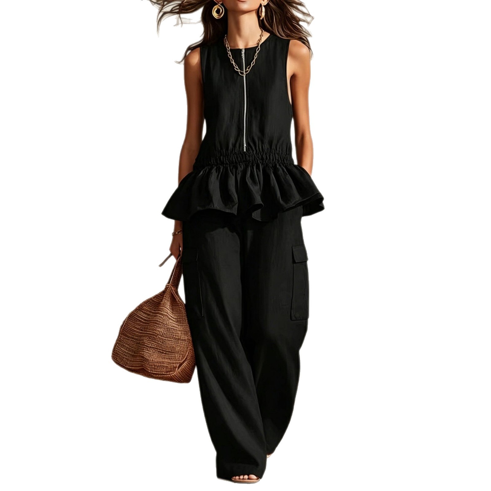 Women's Sleeveless Ruched Tank Top & Wide-Leg Pants Set
