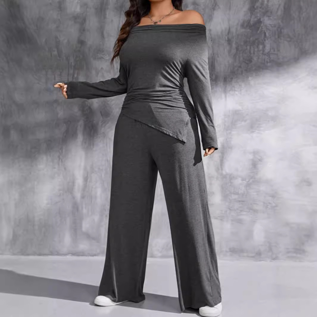 Off-Shoulder Ruched Top & Wide-Leg Pants Set Dark Gray