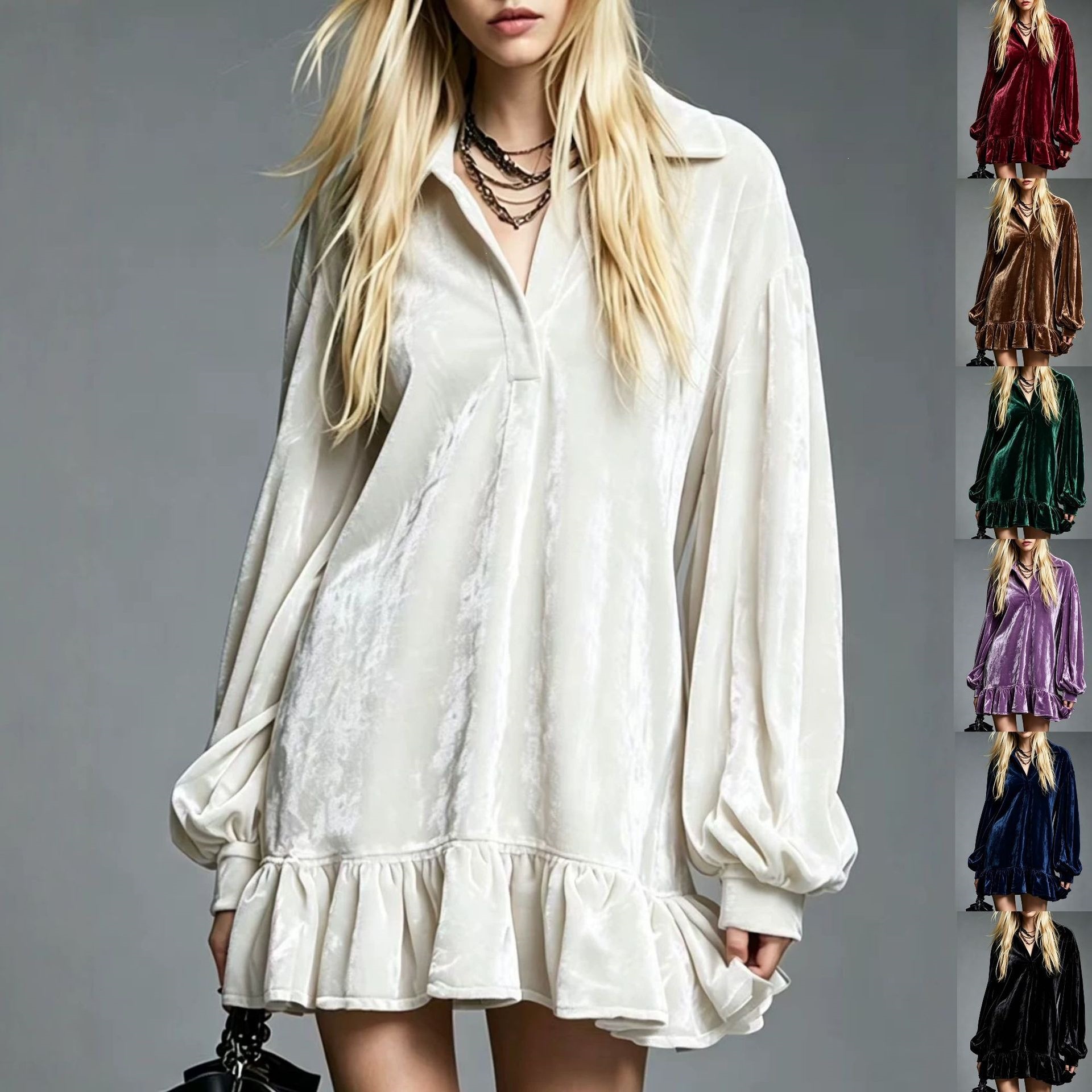 French-Style Velvet Lantern-Sleeve Ruffle Collared Shirt Dress