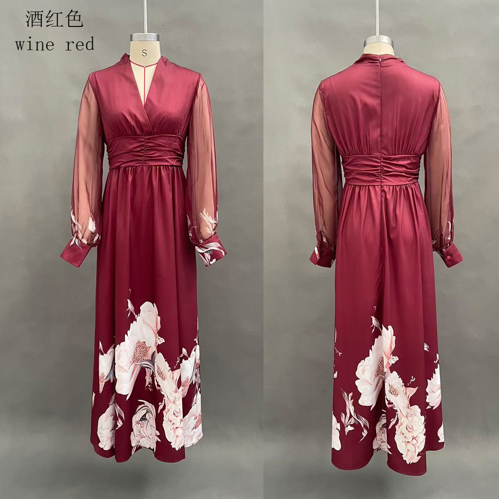 Long Mesh Panel French Slim Fit Floral Print Maxi Dress