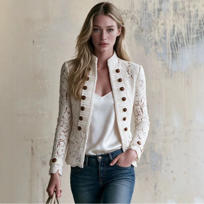 Retro White Lace Double-Breasted Jacket with Stand Collar