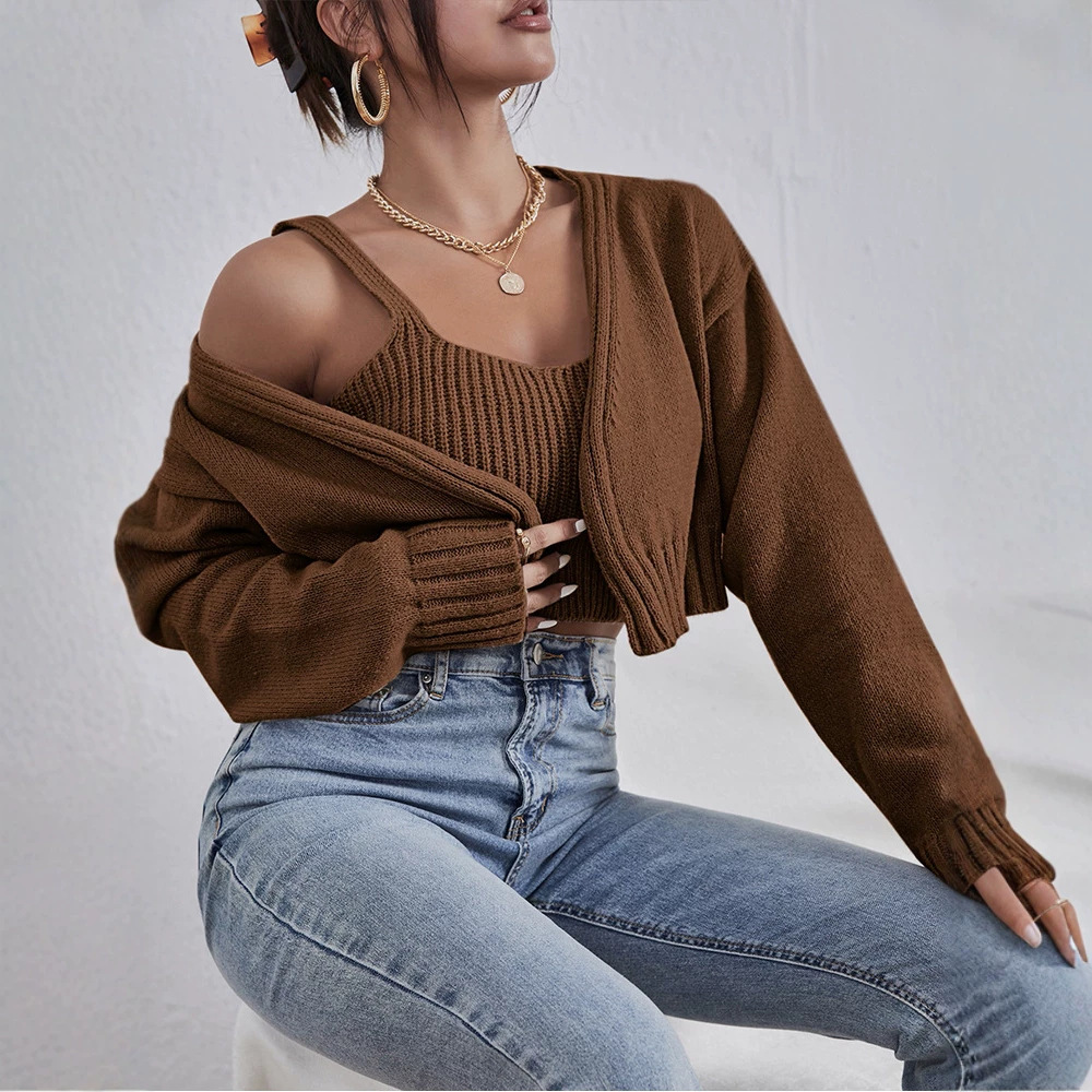 Cropped Acrylic Sweater Set with Cami and Cardigan