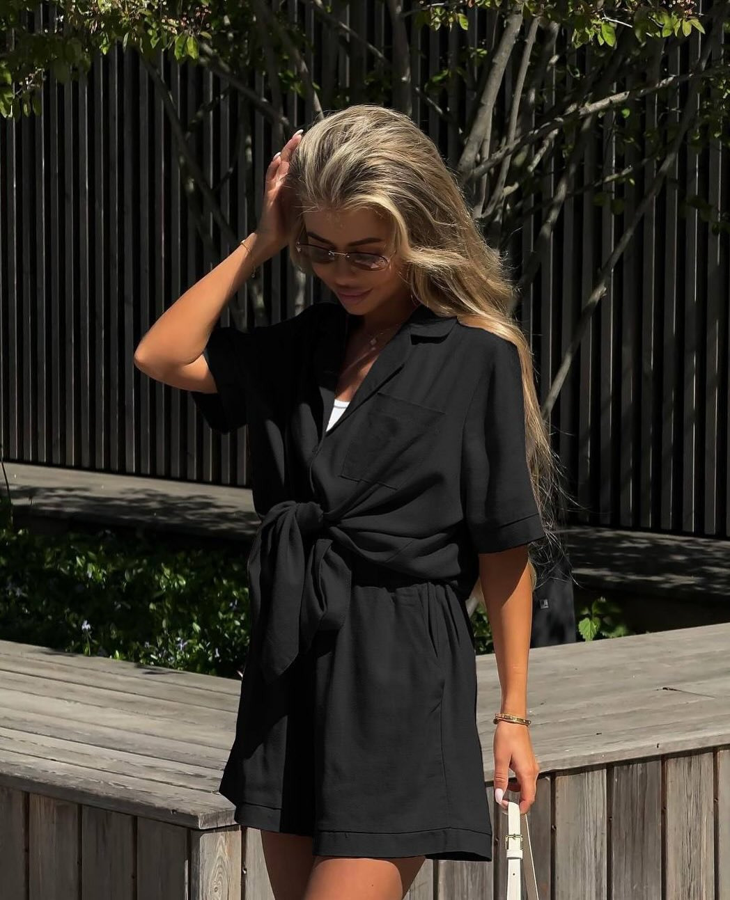 Women's Collared Tie-Front Short Sleeve Shorts Casual Set