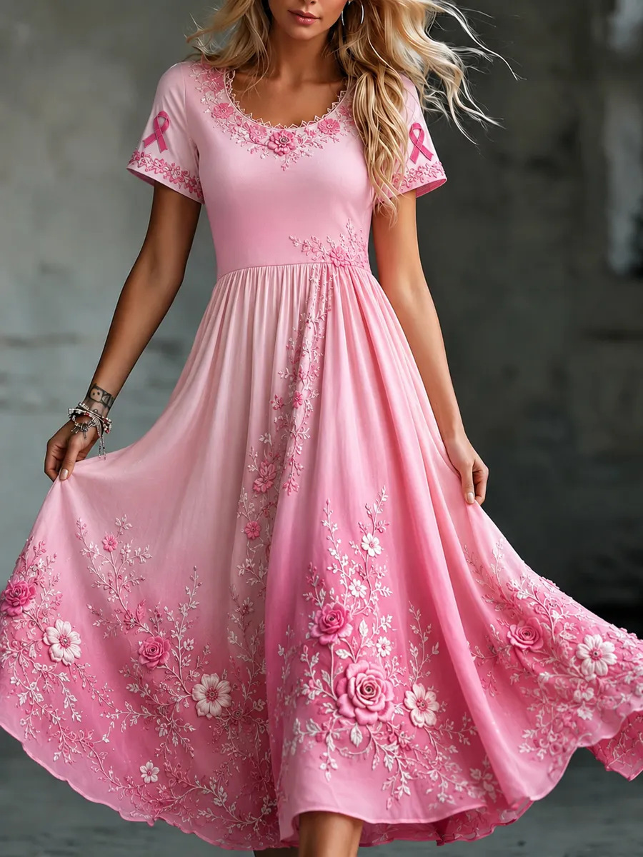 Women's Floral Print Ruched Midi Dress Crew Neck Half Sleeve