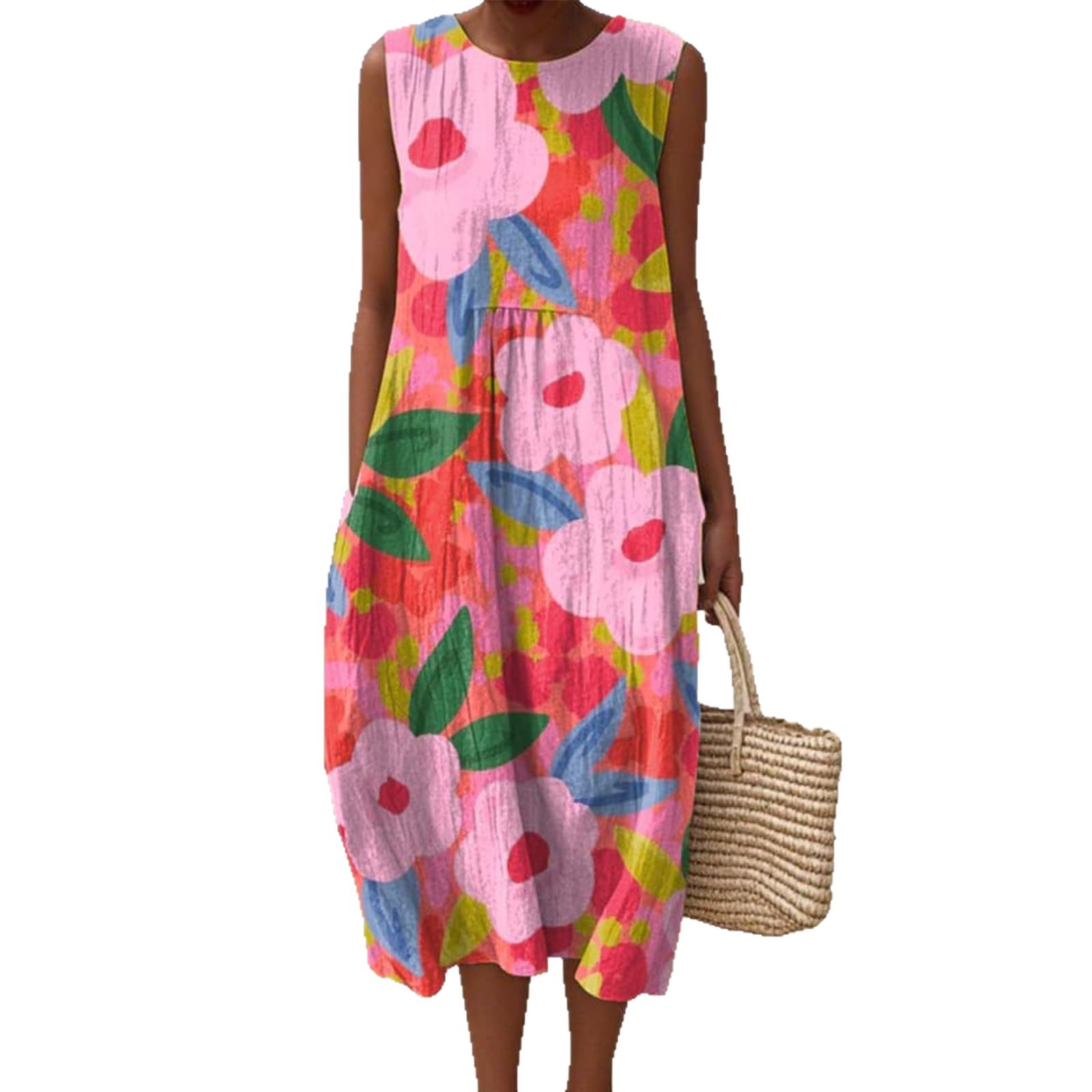 Women's Vintage Floral Print Midi Dress Sleeveless Round Neck Slim Fit