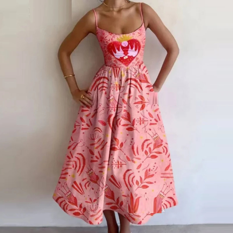 Women's Printed Sleeveless Ruched Waist Long Dress