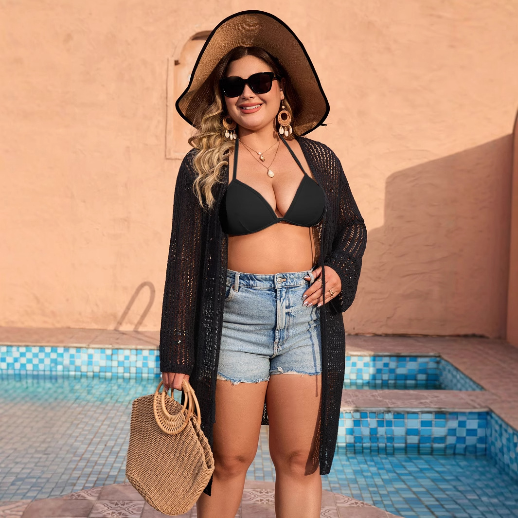Plus Size Black Long Knit Cardigan Openwork Round Neck Long Sleeve