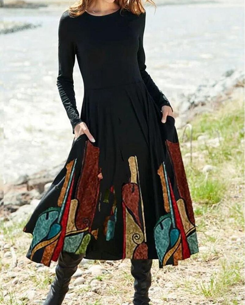 Women's Gradient Print A-Line Midi Dress with Pockets Long Sleeve Crew Neck