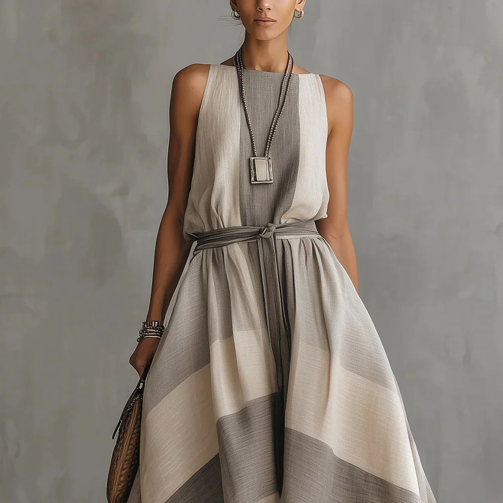 Sleeveless Striped Tie-Waist Maxi Dress
